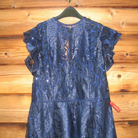 Mac Duggal 12467 Womens Flutter Sleeve Sequin Applique Cocktail Dress Blue 16 - Picture 7 of 15